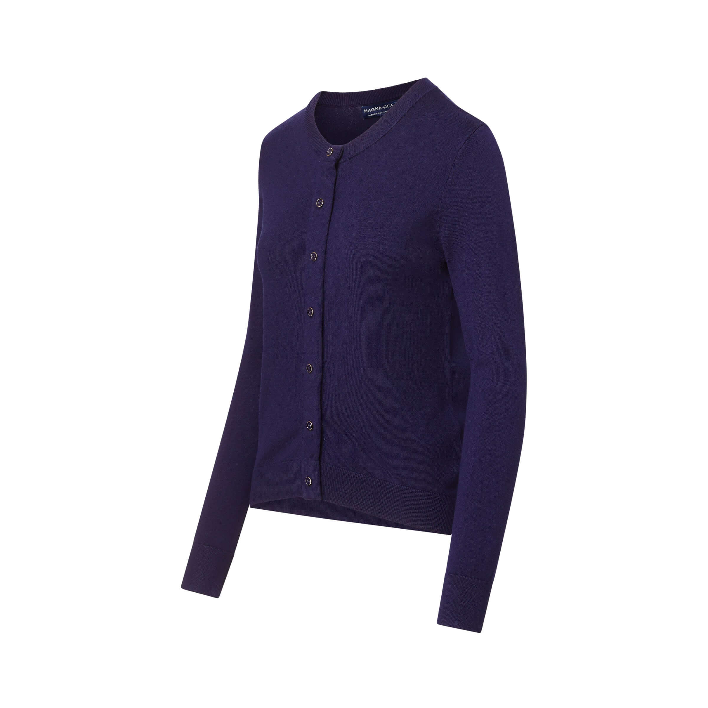 Women's navy adaptive magnetic front knit cardigan sweater, designed for easy dressing and mobility.