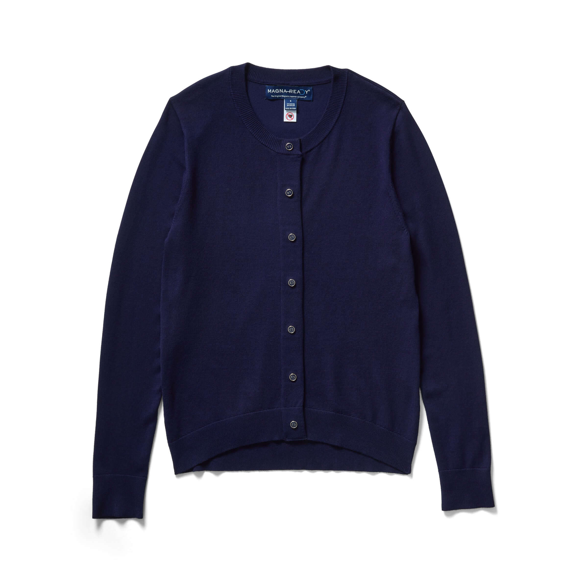 Women's adaptive navy cardigan sweater with magnetic buttons for easy dressing.