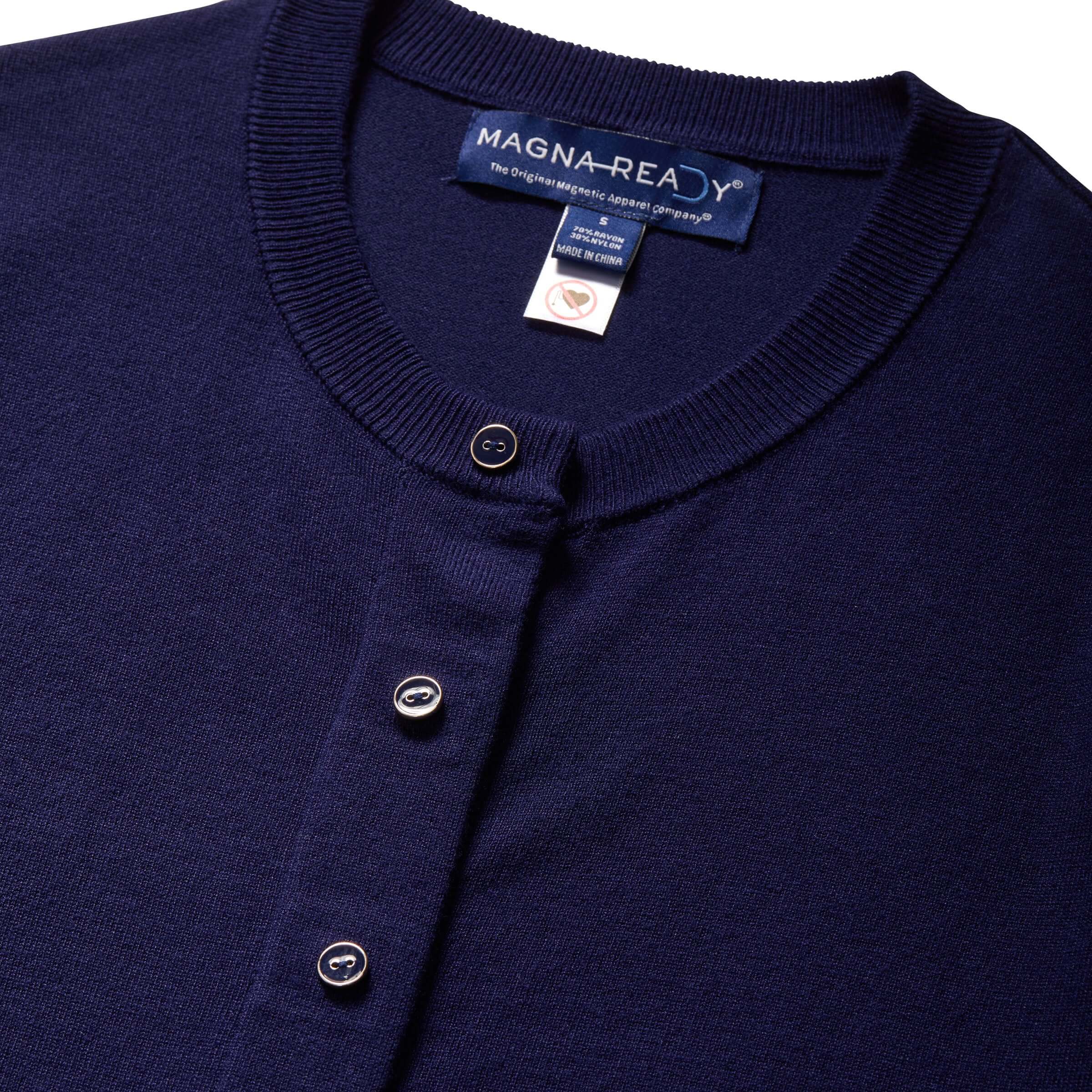 Navy women's adaptive cardigan sweater featuring MagnaReady® magnetic closures for easy dressing.