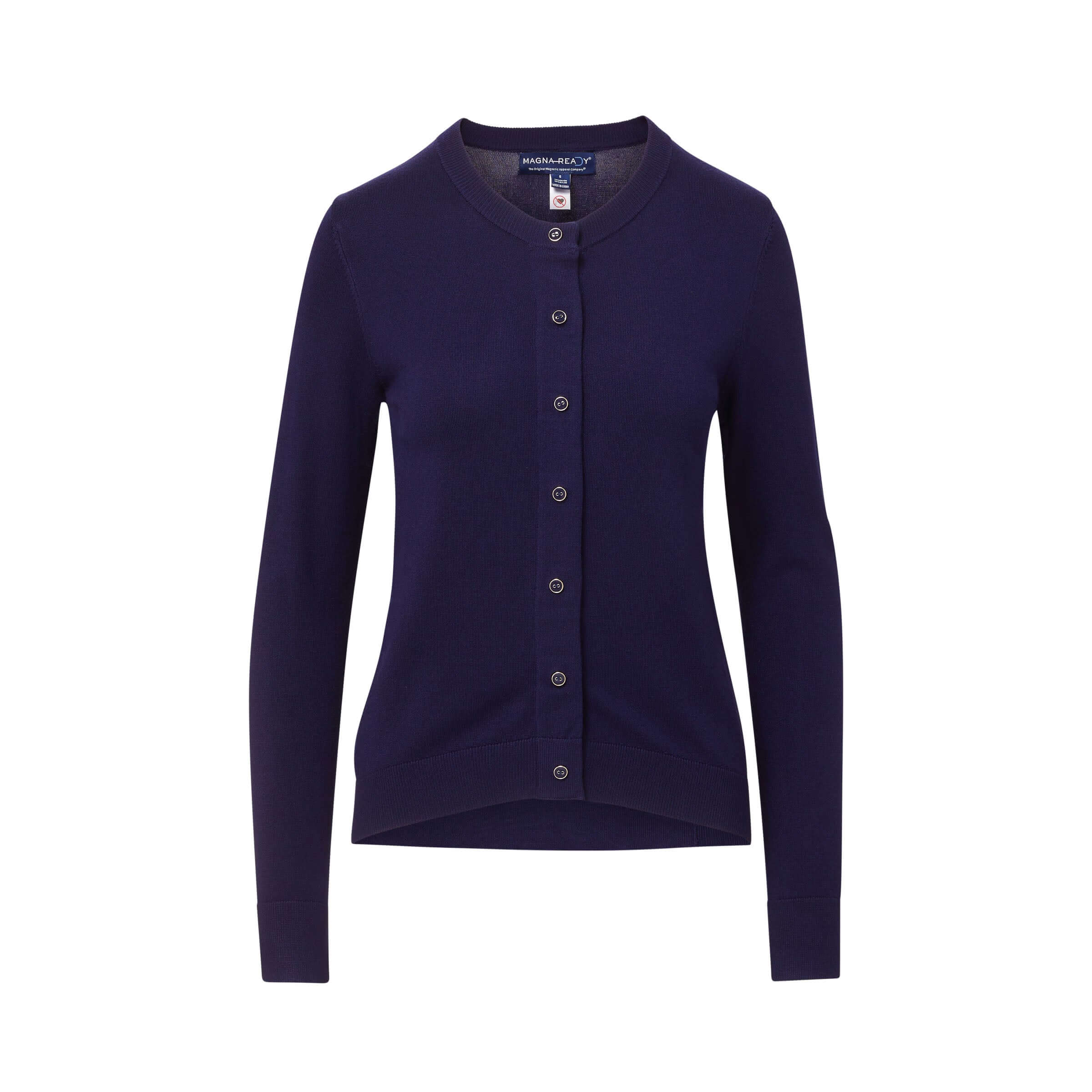 Women's navy adaptive cardigan sweater with magnetic buttons, designed for easy dressing and comfort.