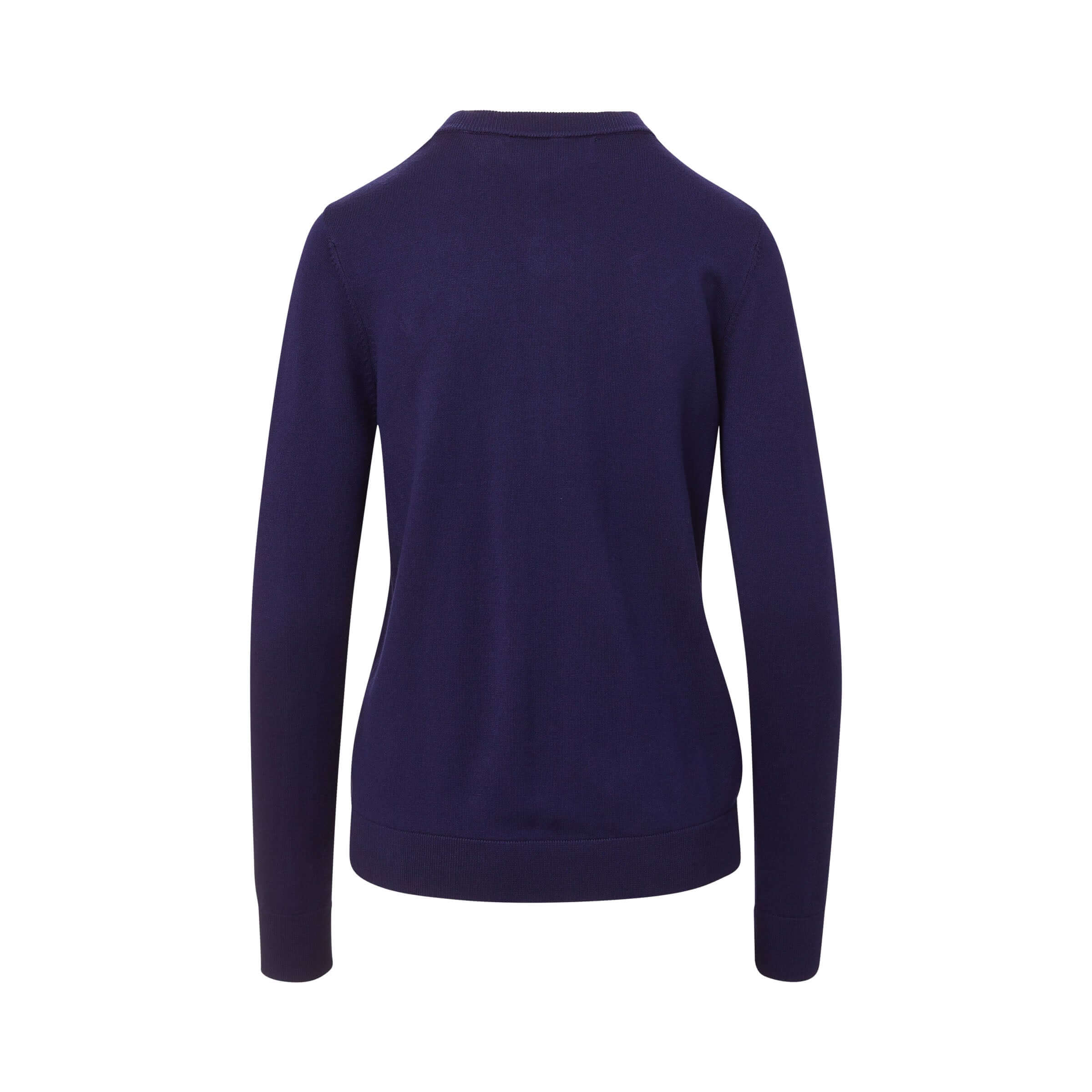 Back view of a women's adaptive navy cardigan sweater, featuring comfortable knit fabric and a classic style.
