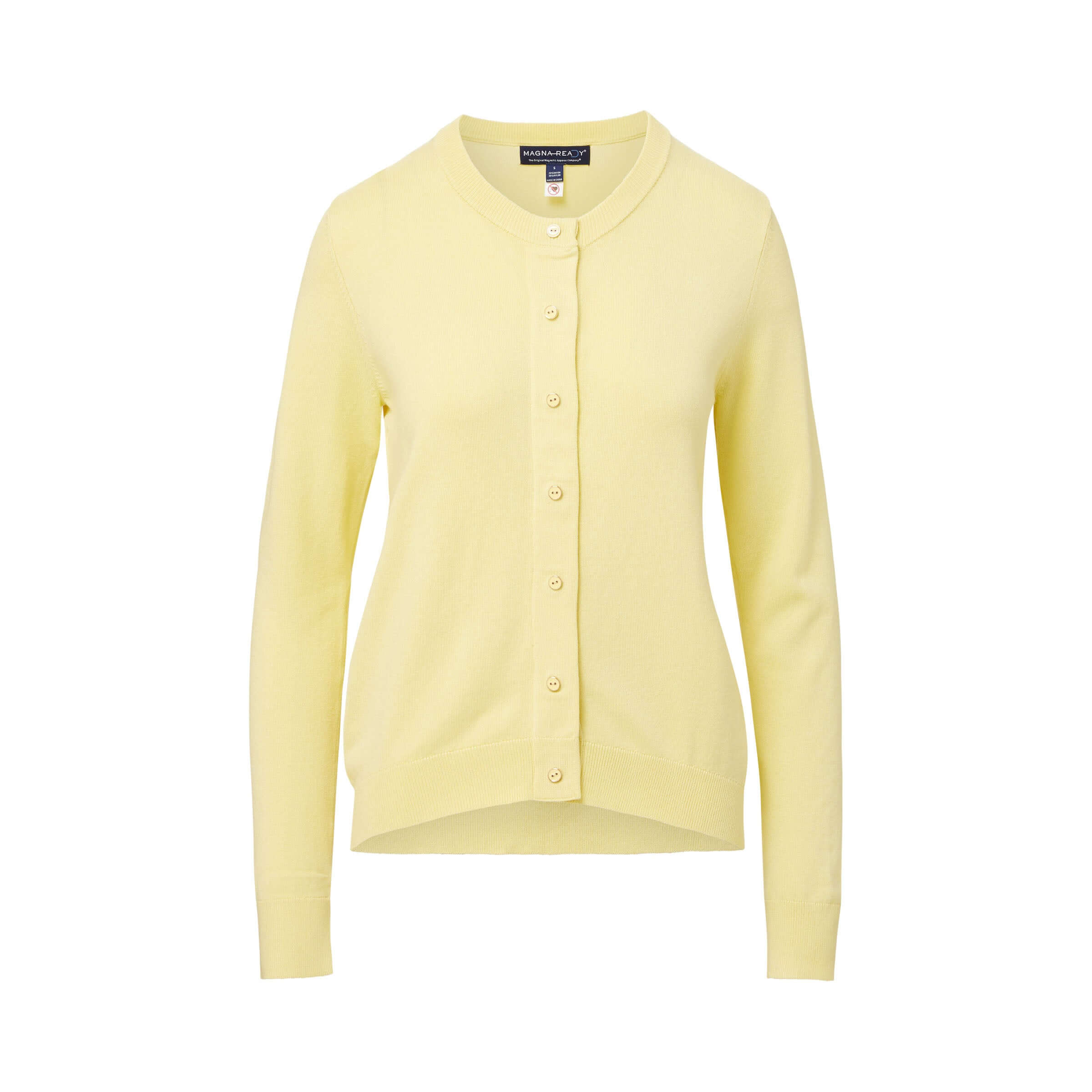 Women's adaptive yellow knit cardigan with magnetic front closure for easy dressing.