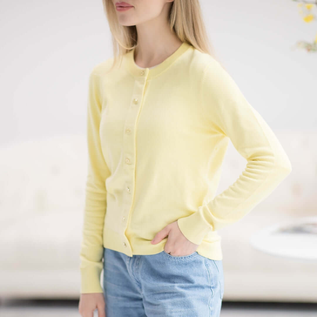 Women's yellow adaptive magnetic front knit cardigan sweater, designed for ease of dressing and style.