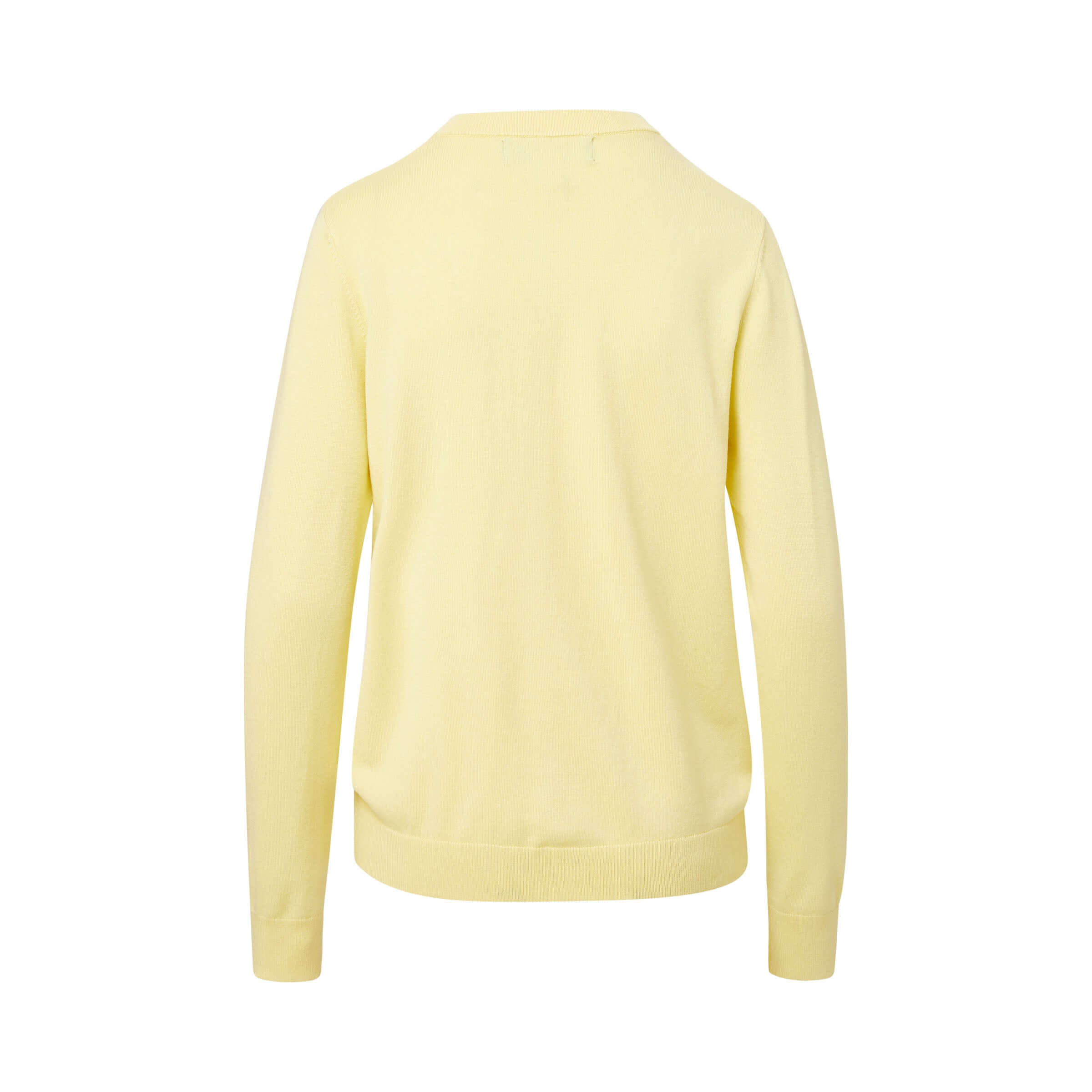 Back view of women's adaptive magnetic knit cardigan sweater in yellow, designed for easy dressing.