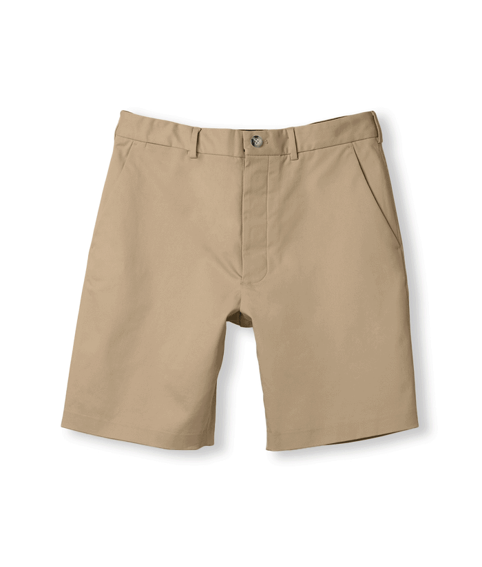 Khaki flat front chino twill shorts with magnetic closures, designed for easy dressing and comfort.