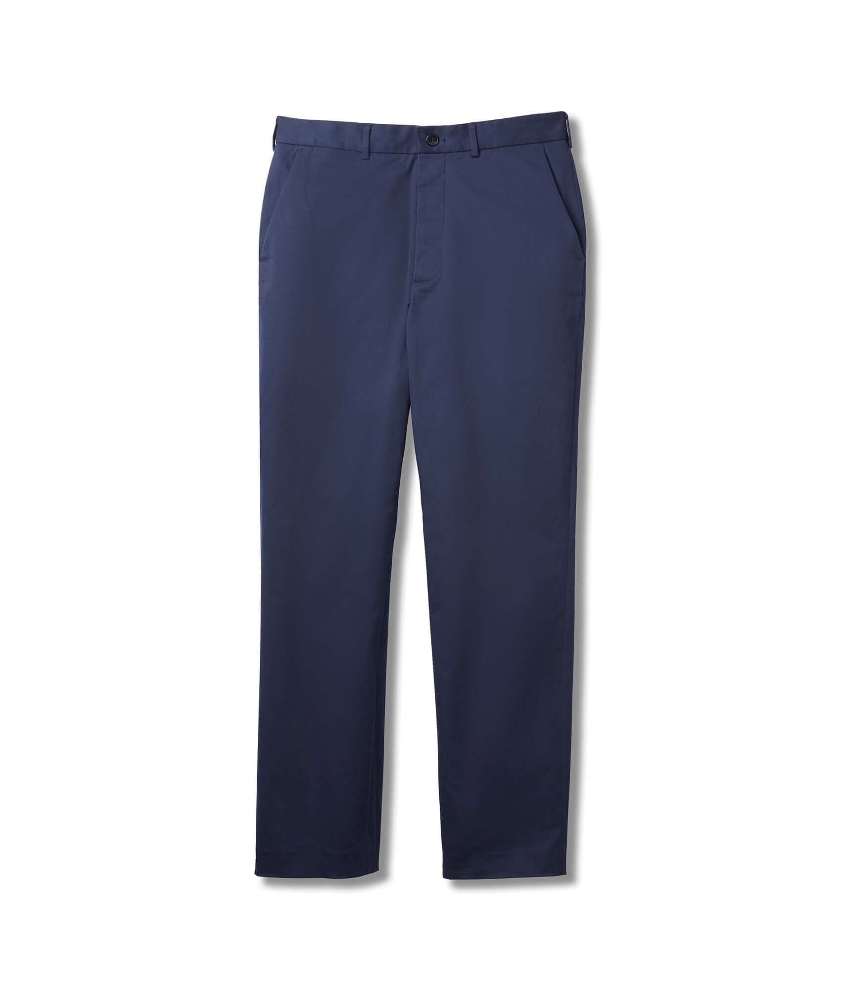 Flat front navy chino twill pants with magnetic closures for adaptive wear and ease of dressing.
