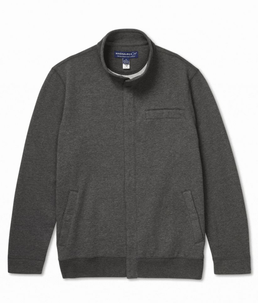 Charcoal knit fleece long sleeve Dillon jacket with magnetic closures, designed for comfort and style.
