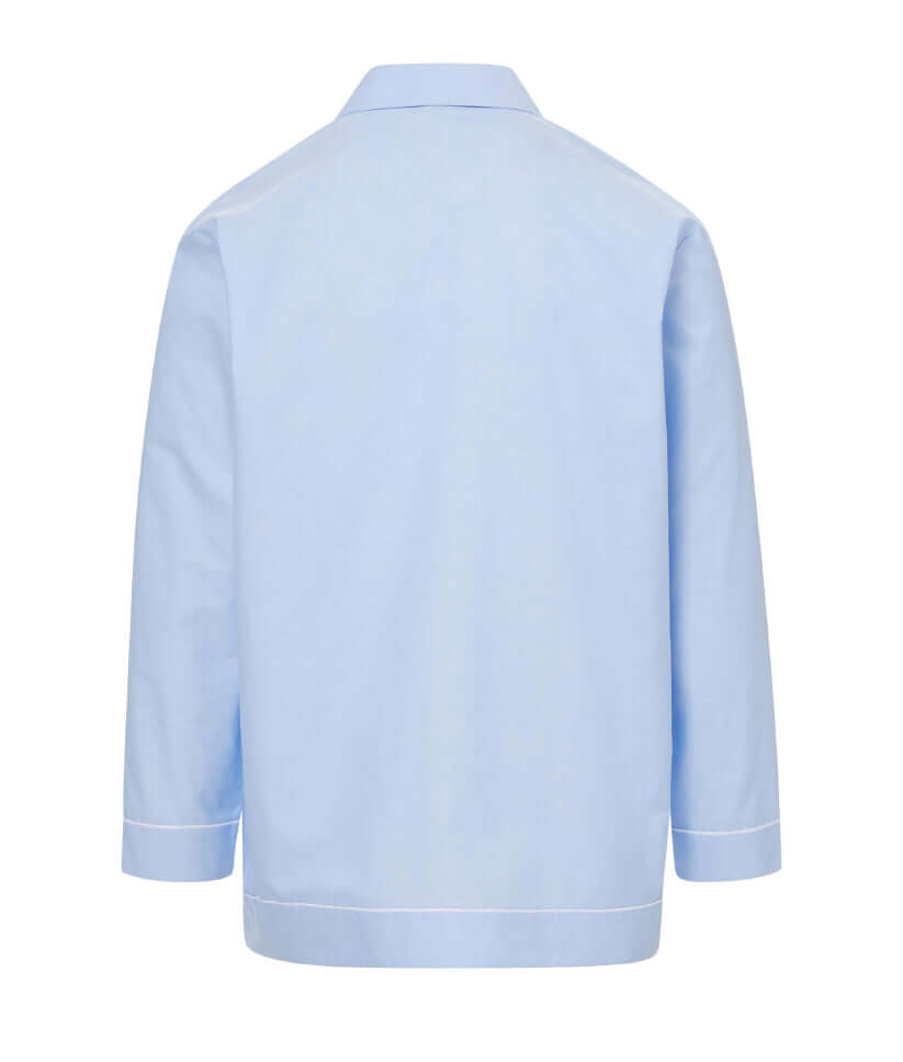 Back view of light blue long sleeve pajama top featuring magnetic closures and relaxed fit.