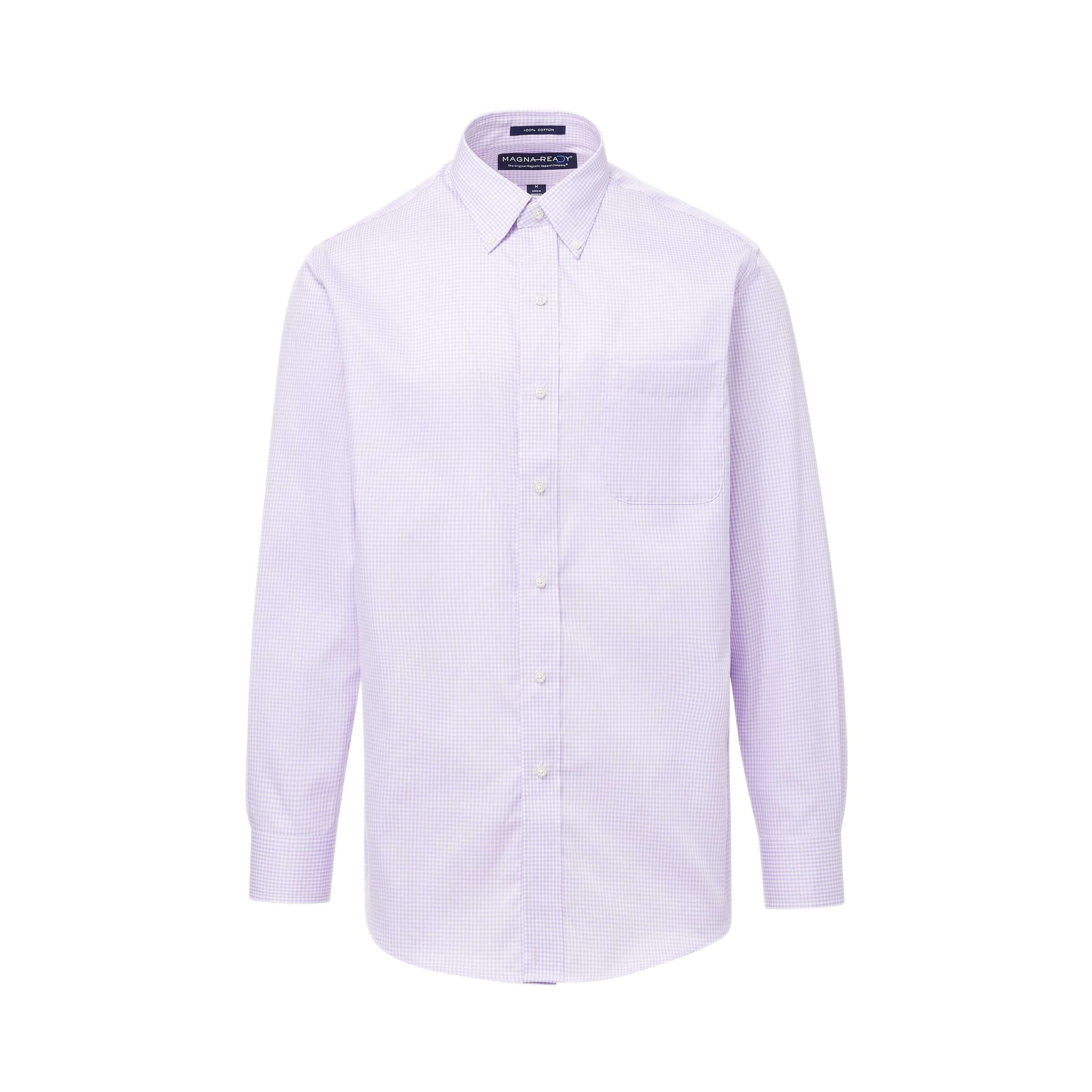 Long sleeve lilac and white micro plaid button-down shirt featuring magnetic buttons for adaptive wear.