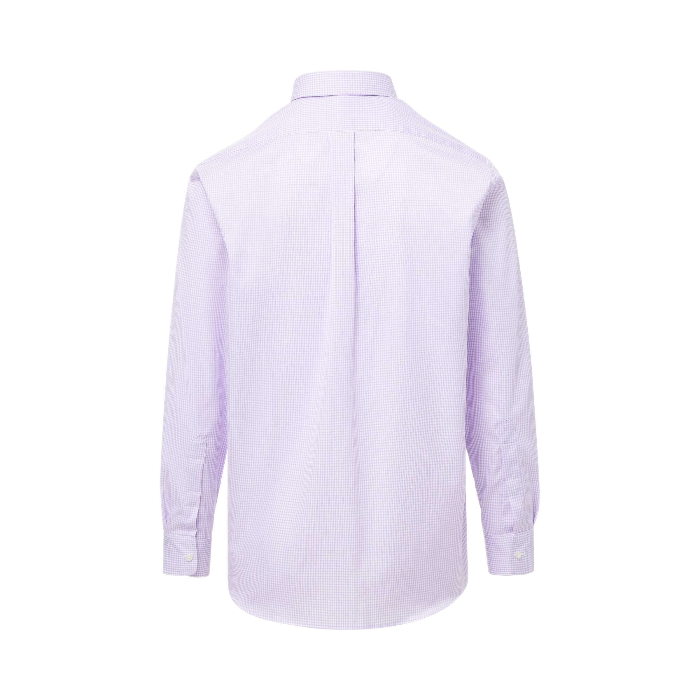 Back view of Long Sleeve Lilac and White Micro Plaid Button Down Shirt with Magnetic Buttons for adaptive menswear.