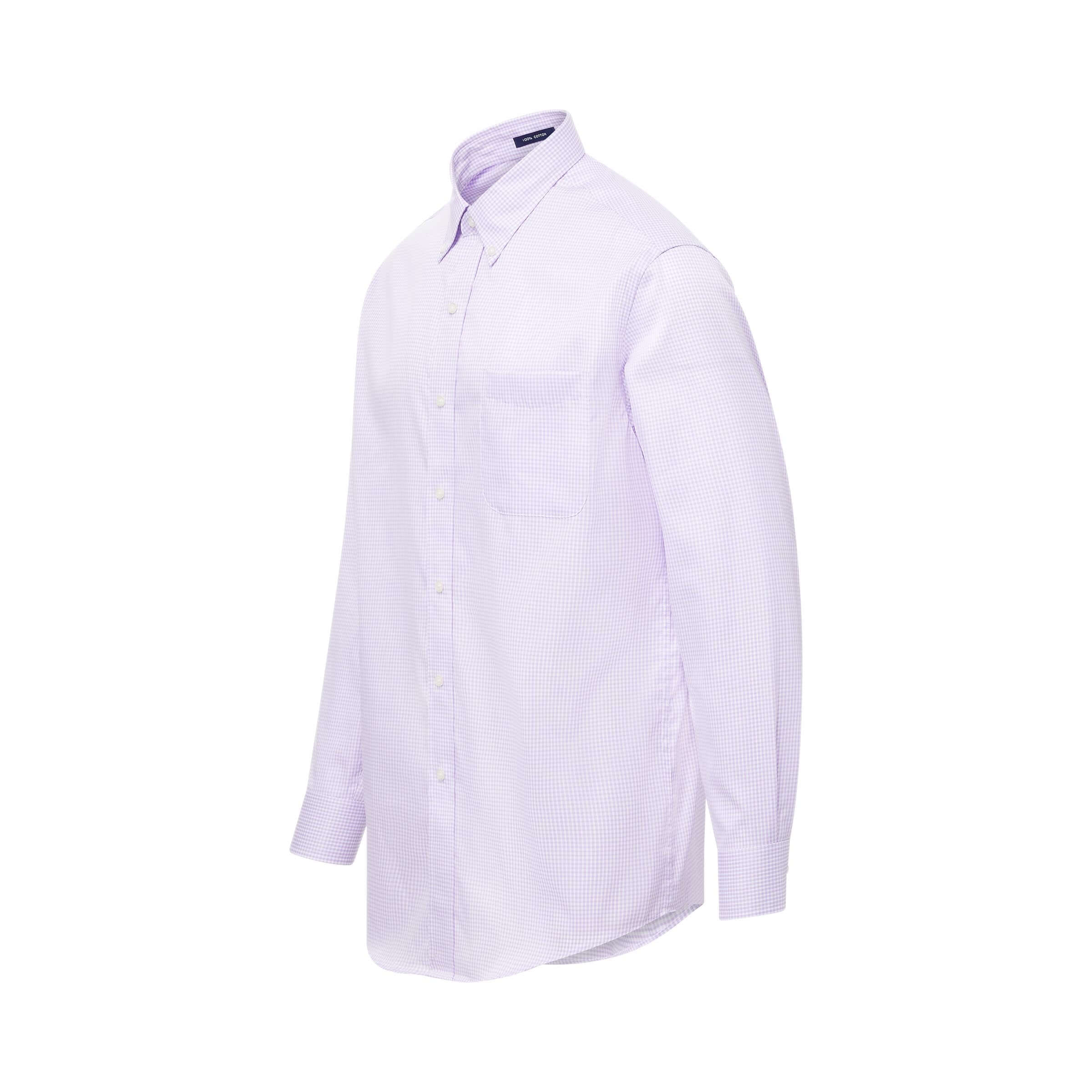 Long sleeve lilac and white micro plaid button-down shirt with magnetic buttons, featuring a button-down collar.