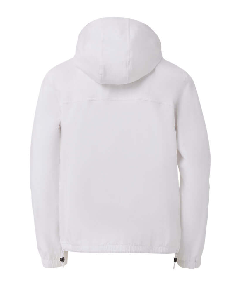 Back view of the unisex adaptive hooded MagZip jacket in white, ideal for athletes and accessible workouts.