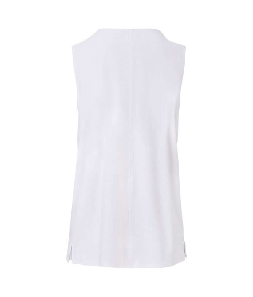 Back view of Women's Adaptive Curved Hem Magnetic Tank in soft, breathable white slub knit jersey.