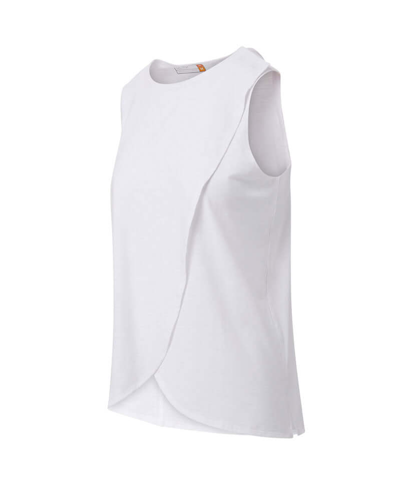 White women's adaptive curved hem tank top with overlapping front panels and magnetic closures.