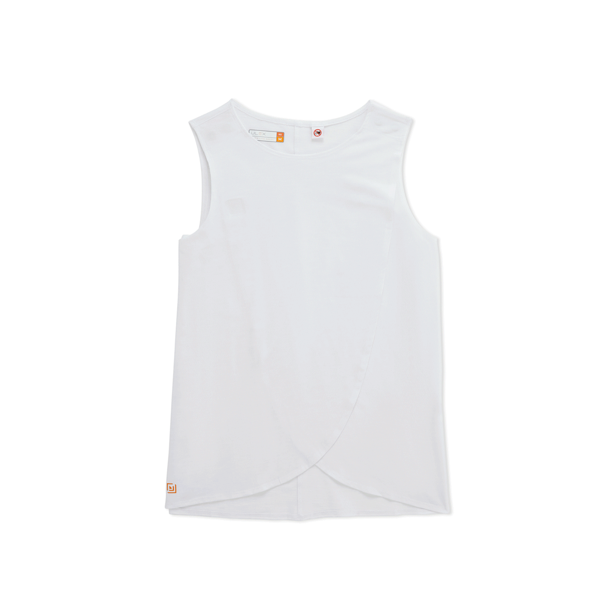 Women's Adaptive Curved Hem Magnetic Tank in white, featuring breathable slub knit jersey and unique MagnaReady closures.