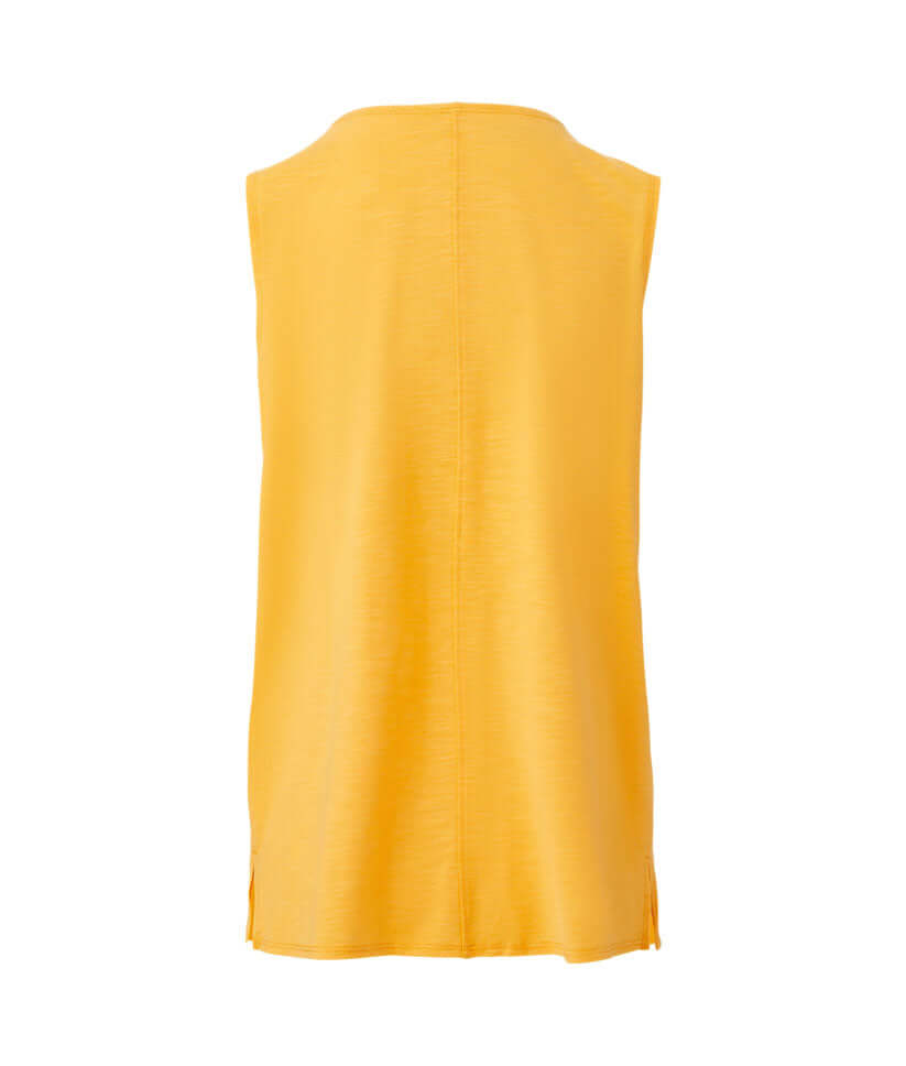 Back view of a women's yellow adaptive curved hem tank top made from soft, breathable slub knit jersey.