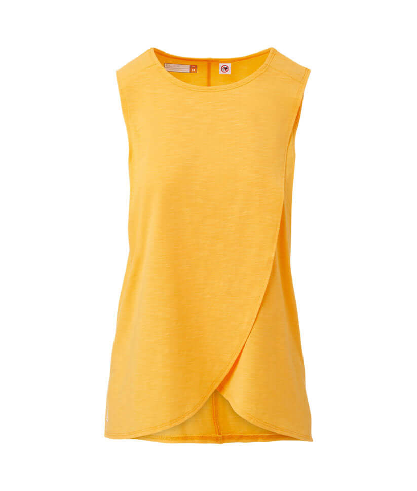 Women's yellow adaptive curved hem tank top with magnet closures, made from soft slub knit jersey.