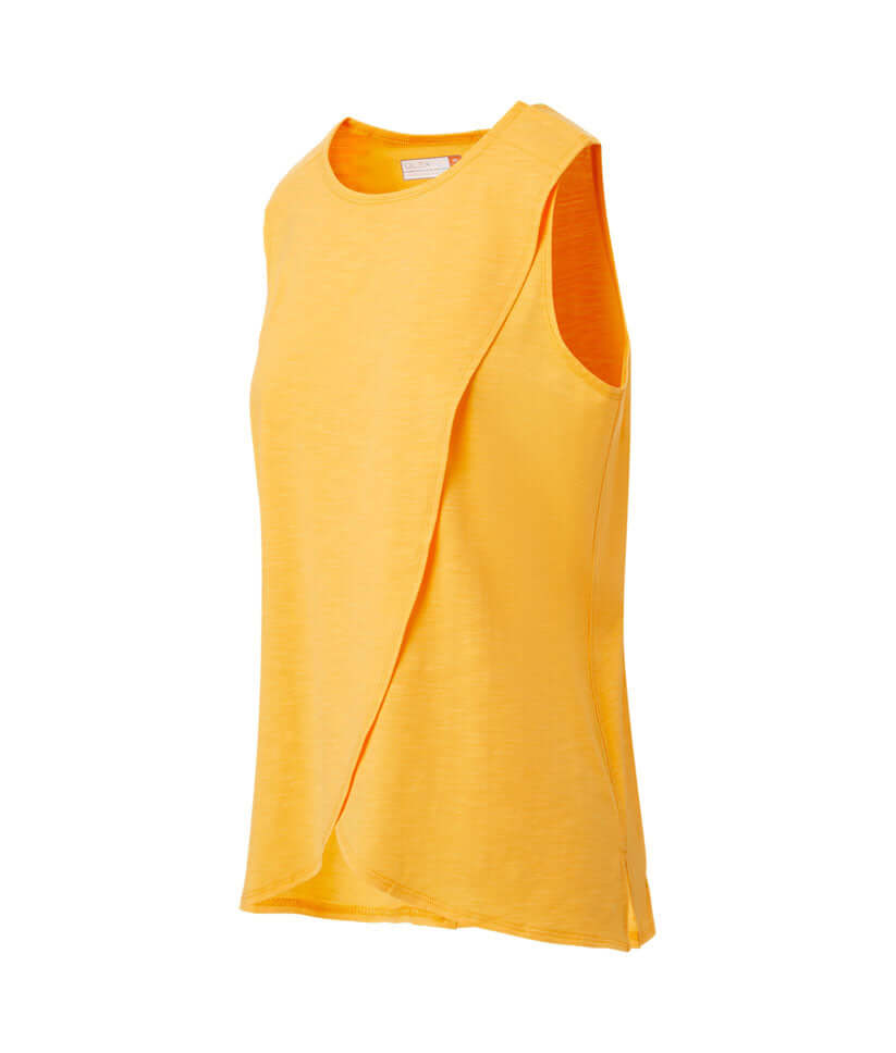 Women's adaptive yellow tank top with curved hem and overlapping front panels for a stylish, comfortable fit.