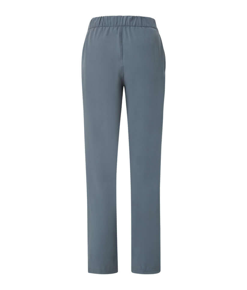 Women's adaptive gathered waist pants in gray with elastic back waistband and adjustable length options.