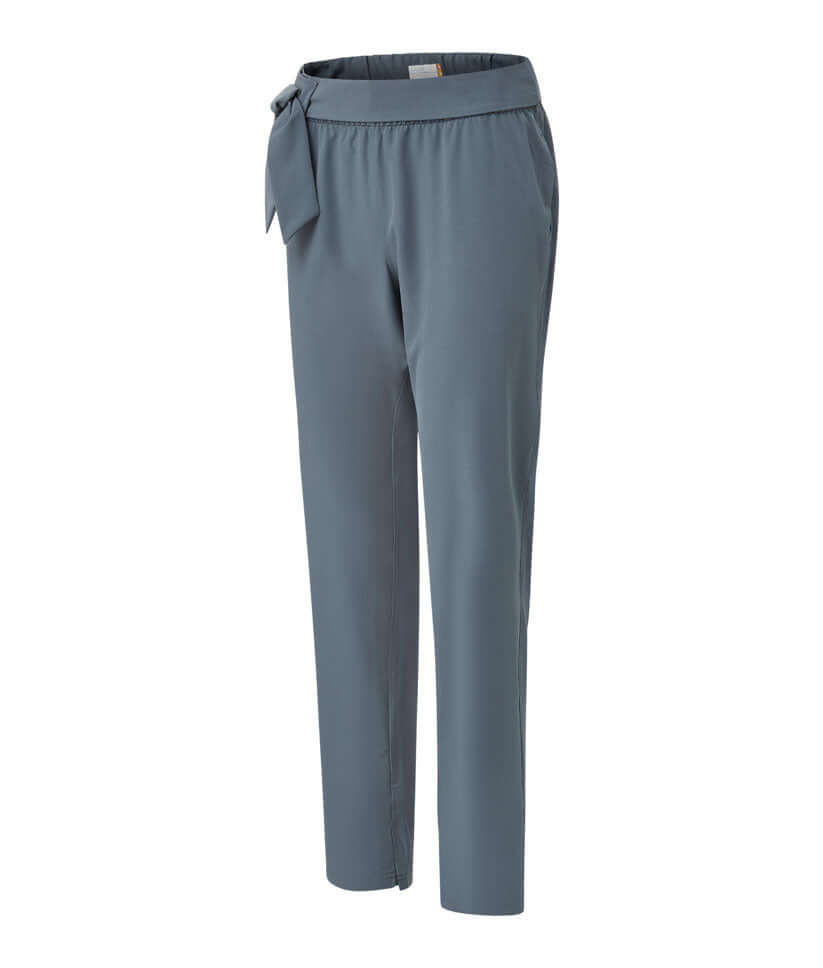 Women's adaptive gathered waist pants in gray with adjustable length and tie detail, perfect for versatile styling.