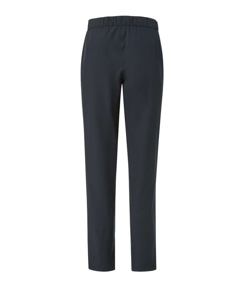 Women's adaptive gathered waist pants with adjustable length in sleek navy, featuring elastic waistband and slim leg fit.
