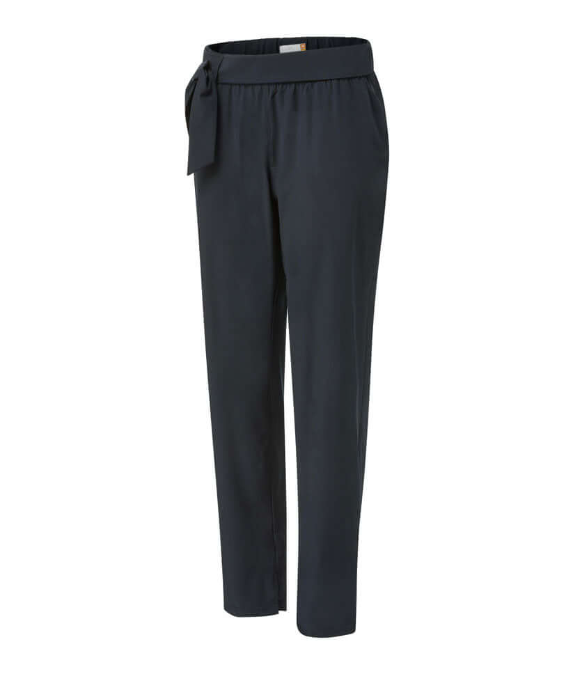 Women's adaptive gathered waist pants with adjustable length and slim leg fit in dark navy.