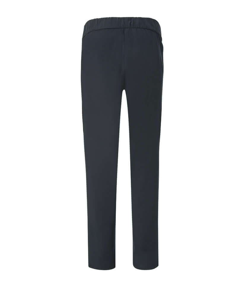 Back view of women's adaptive gathered waist seated fit pants with elastic waistband and slim leg design.