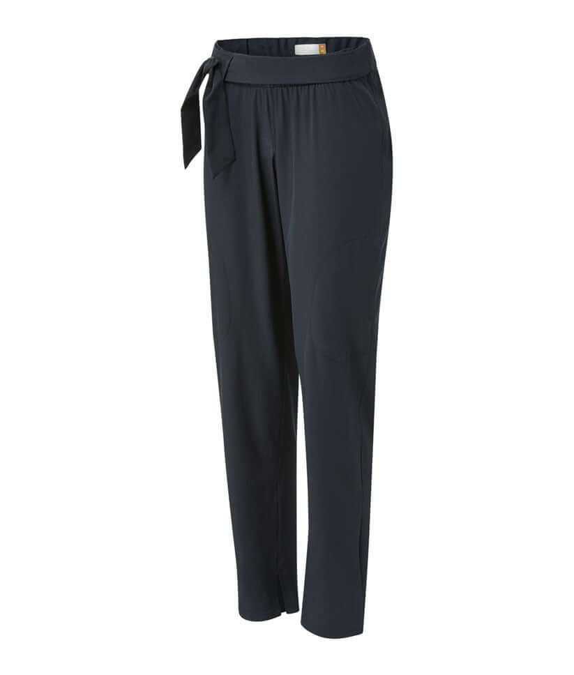 Women's adaptive gathered waist seated fit pants in navy with adjustable belt by MagnaReady.