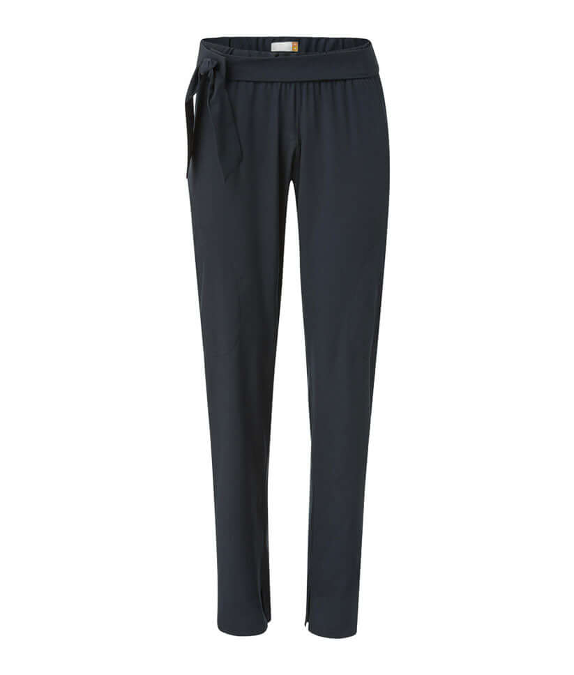 Women's adaptive gathered waist seated fit pants in navy, featuring adjustable belt and elastic back waistband.