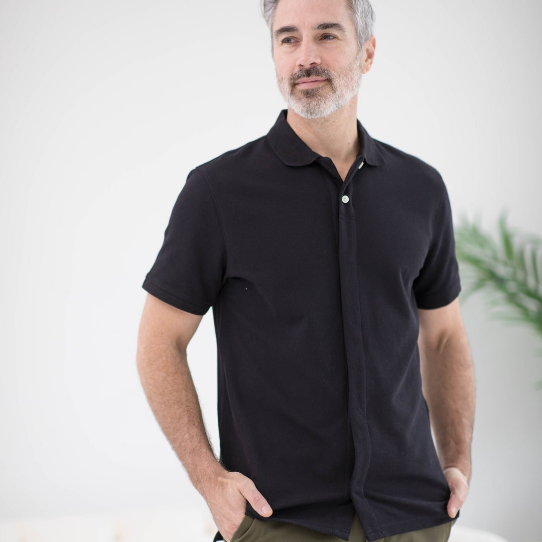 Black Pique Knit Short Sleeve Polo with Magnetic Closures