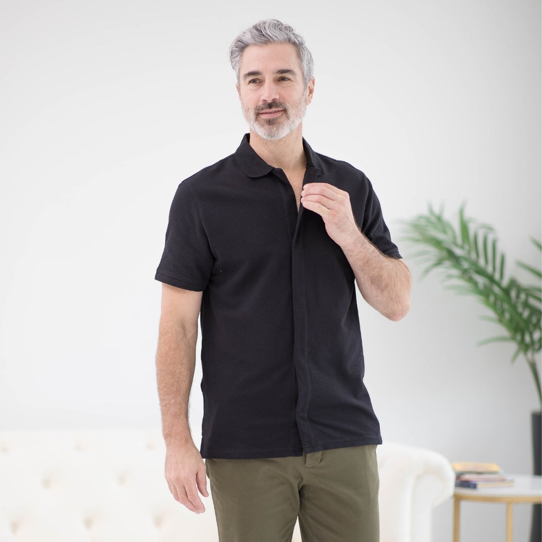 Black Pique Knit Short Sleeve Polo with Magnetic Closures