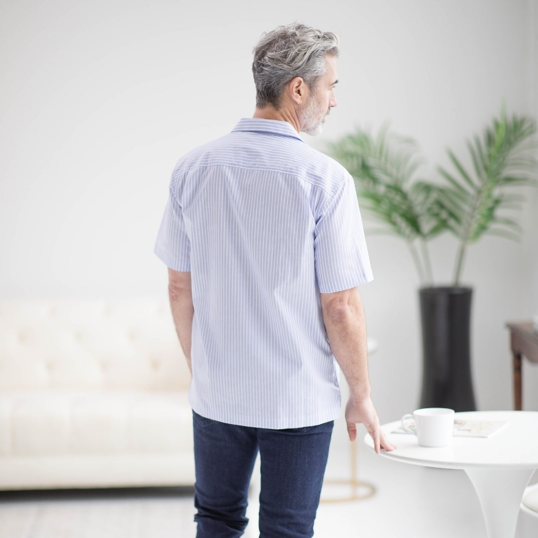 Short Sleeve Untucked Blue Stripe ‘Landry’ Camp Casual Shirt with Magnetic Closures