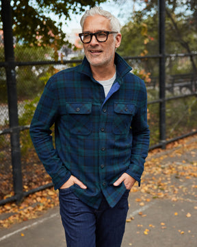 Long Sleeve Navy Black Watch Plaid  Flannel Shirt Combo Layering Piece with Magnetic Closures