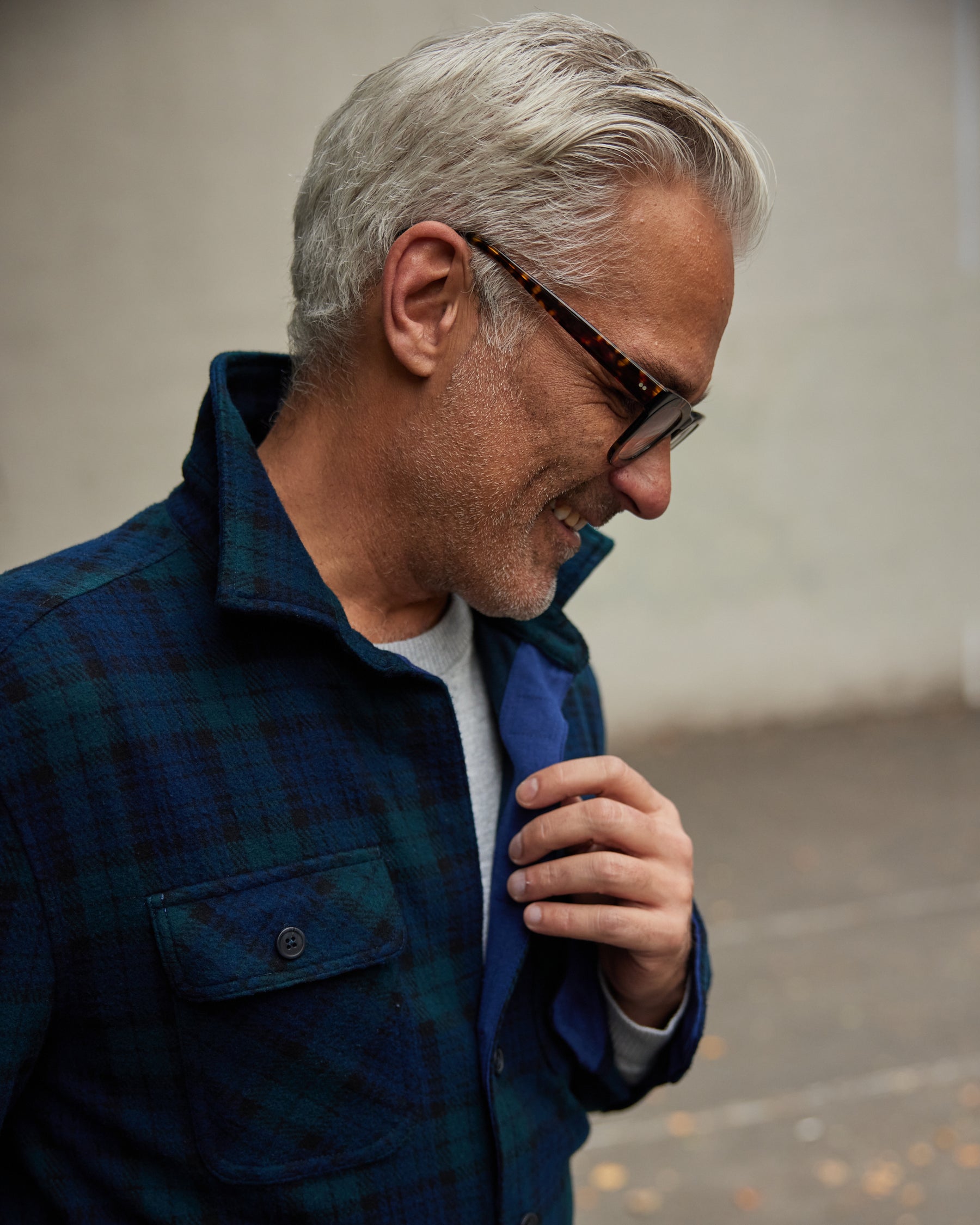 Long Sleeve Navy Black Watch Plaid  Flannel Shirt Combo Layering Piece with Magnetic Closures