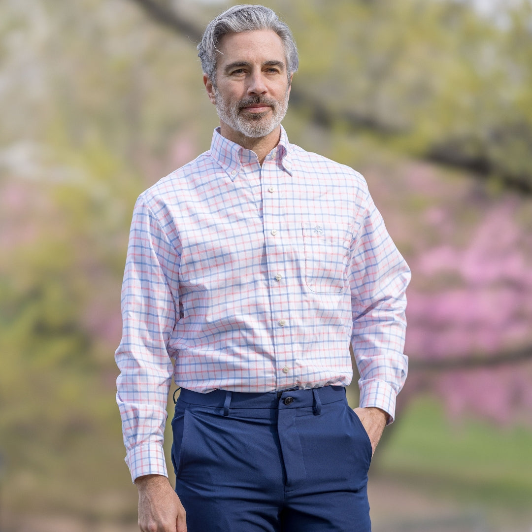 Brooks Brothers  X MagnaReady Stretch Long Sleeve Pink Plaid Button-Down Collar with Magnetic Closures