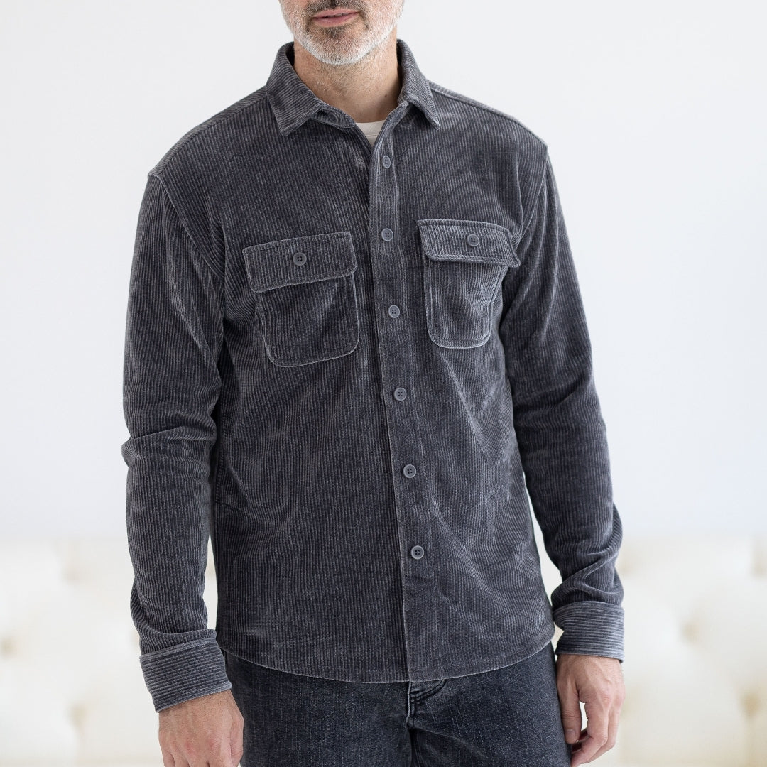 Adaptive Blackened Pearl Corduroy Shirt with Magnetic Closures and Pockets