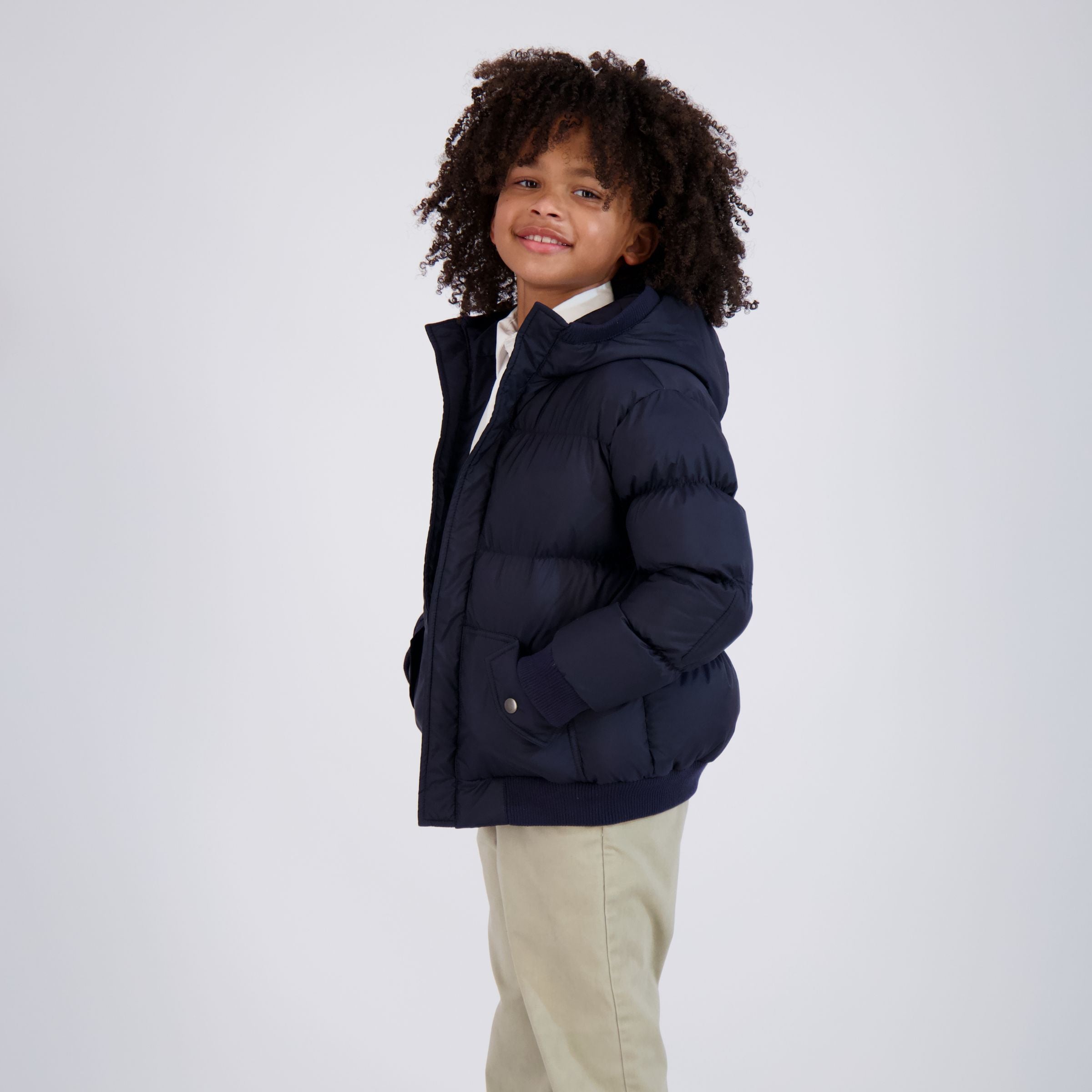 MagnaMini Kids Magnetic Front Water-Resistant Puffer Coat with Hood in Navy