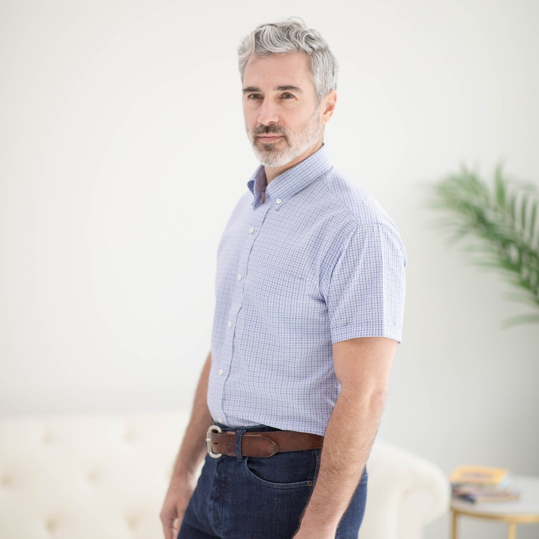 Short Sleeve Blue and Red Check Cotton Shirt with Magnetic Closures and a Pocket