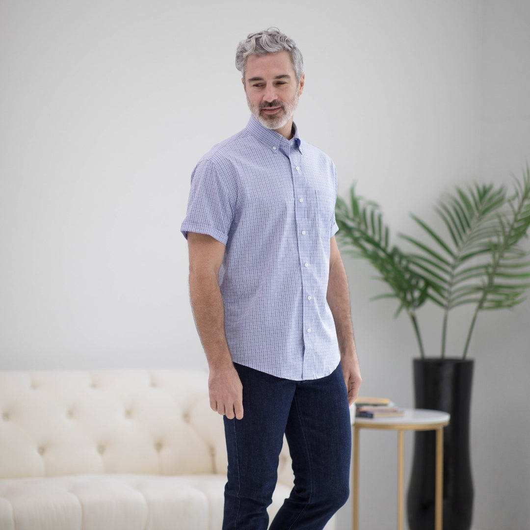 Short Sleeve Blue and Red Check Cotton Shirt with Magnetic Closures and a Pocket