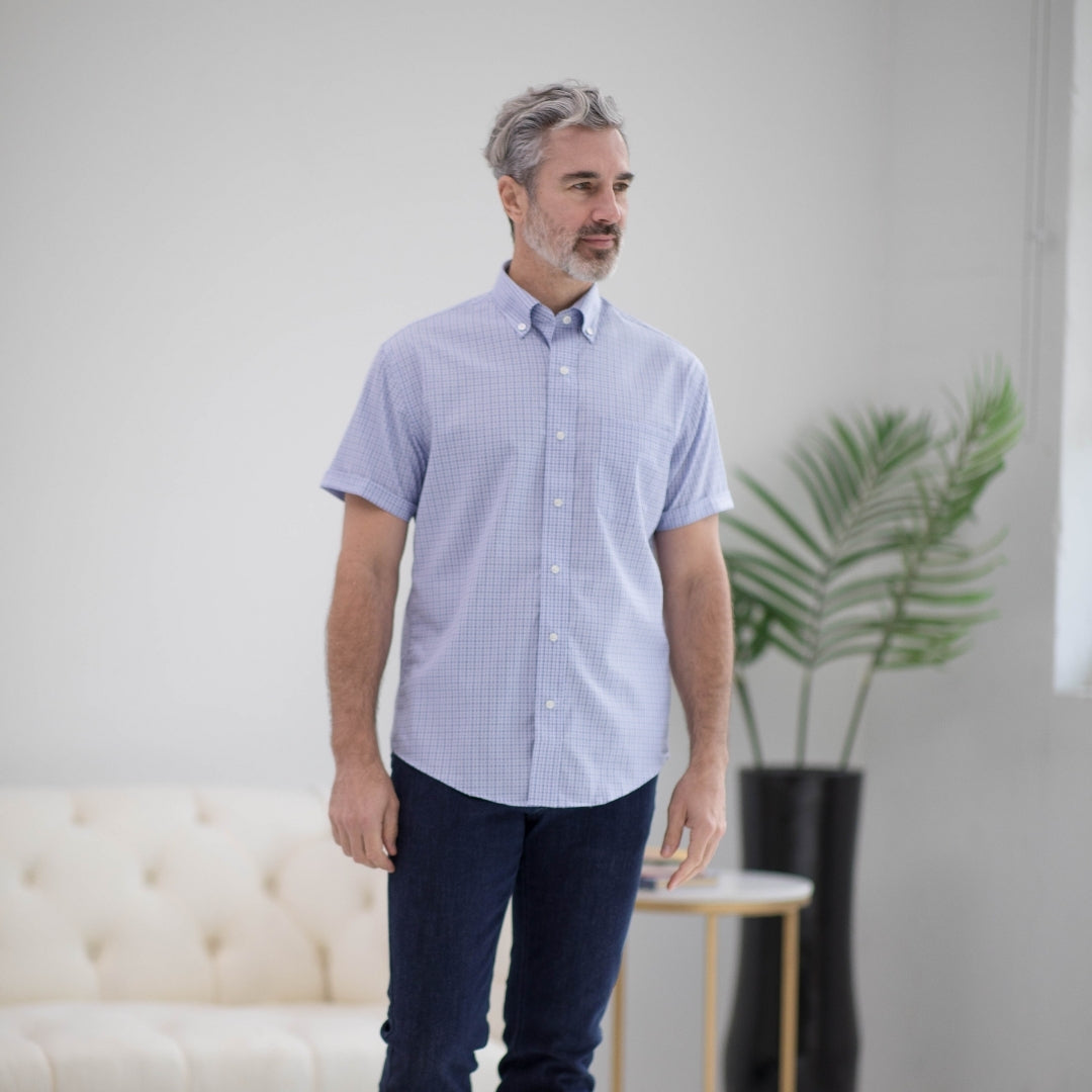 Short Sleeve Blue and Red Check Cotton Shirt with Magnetic Closures and a Pocket