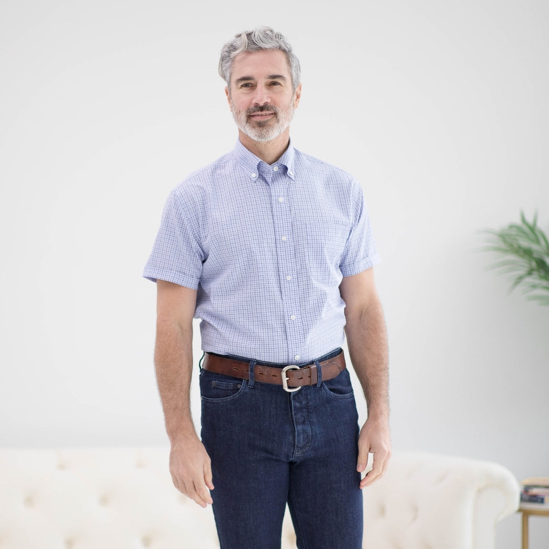 Short Sleeve Blue and Red Check Cotton Shirt with Magnetic Closures and a Pocket