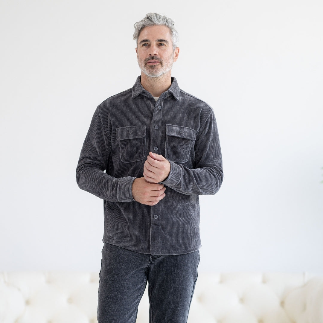 Adaptive Blackened Pearl Corduroy Shirt with Magnetic Closures and Pockets