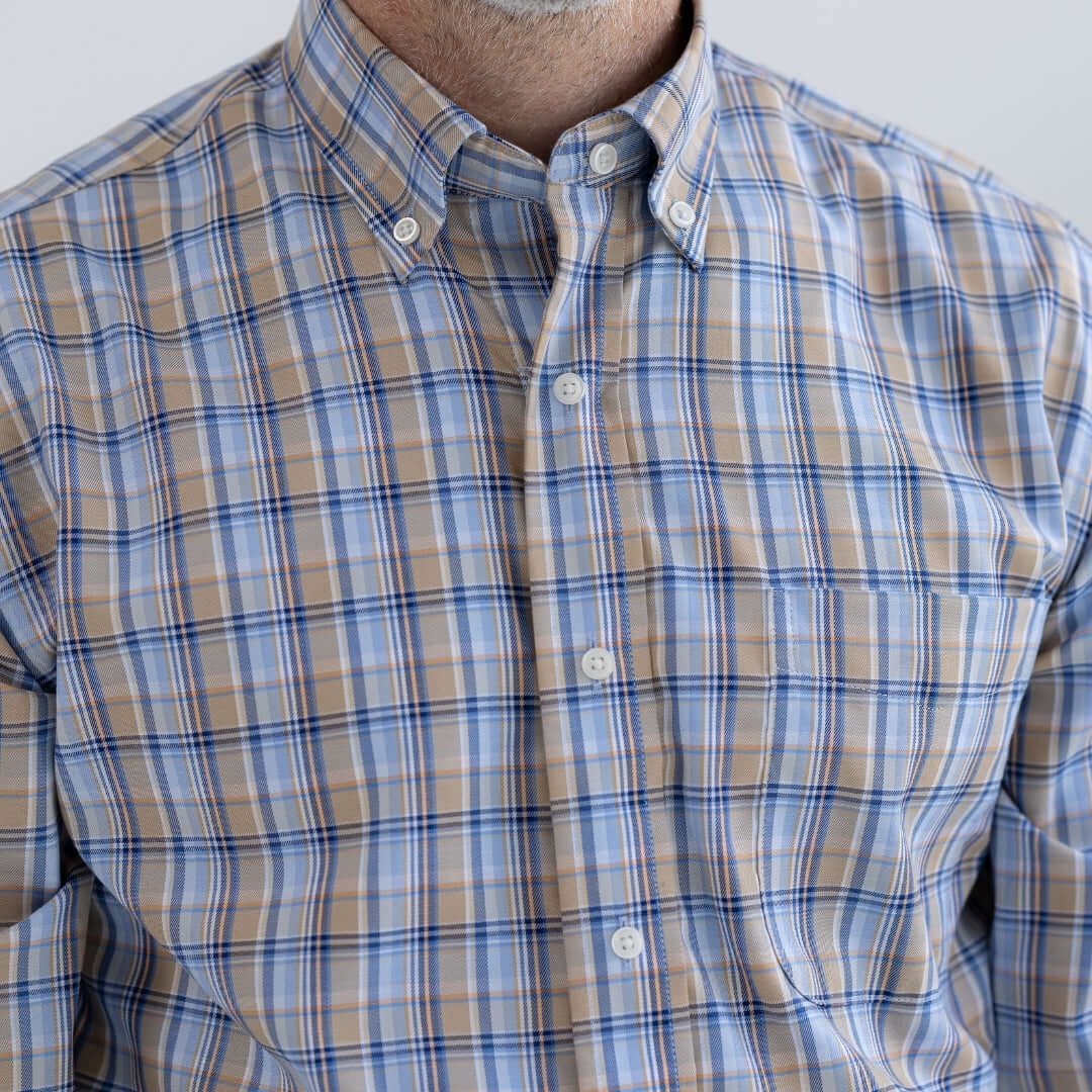 Blue and brown plaid long sleeve button down shirt with hook and loop closures, ideal for adaptive dressing.