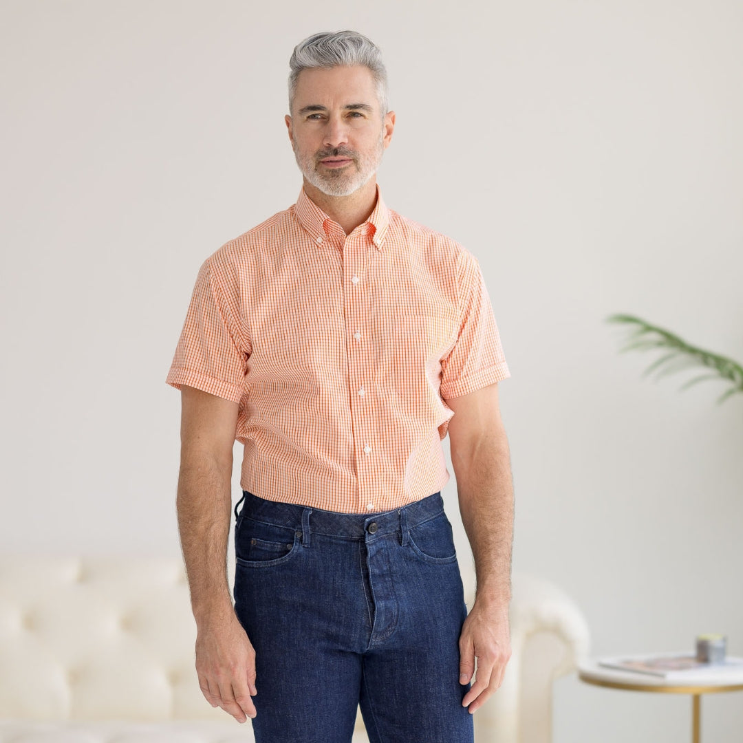 Short Sleeve Orange and White Gingham Cotton ‘Heights’ Shirt with Magnetic Closures