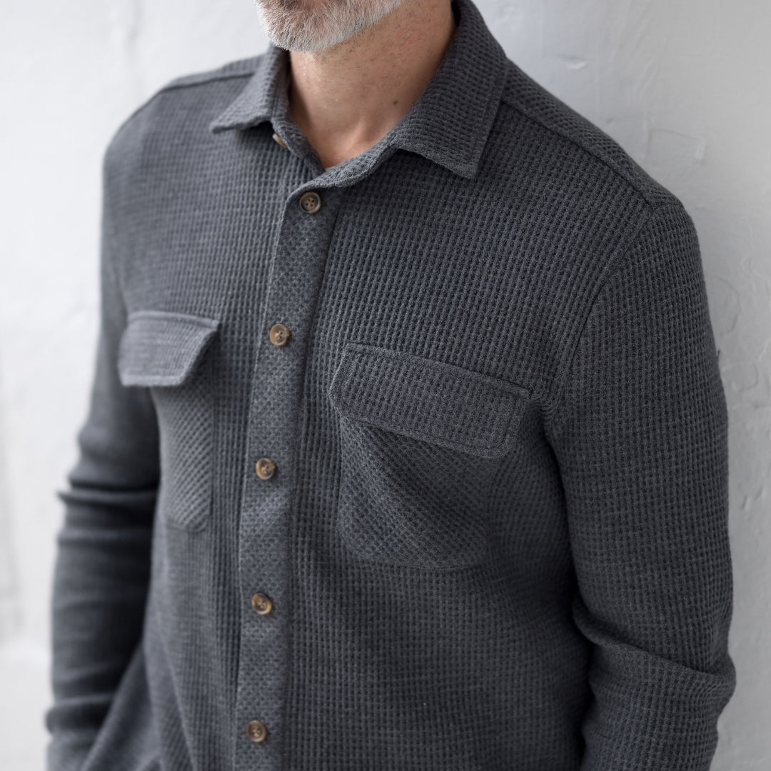 Magnetic Front WaffleWeave Casual Shirt with Dual Oversized Pockets in Charcoal