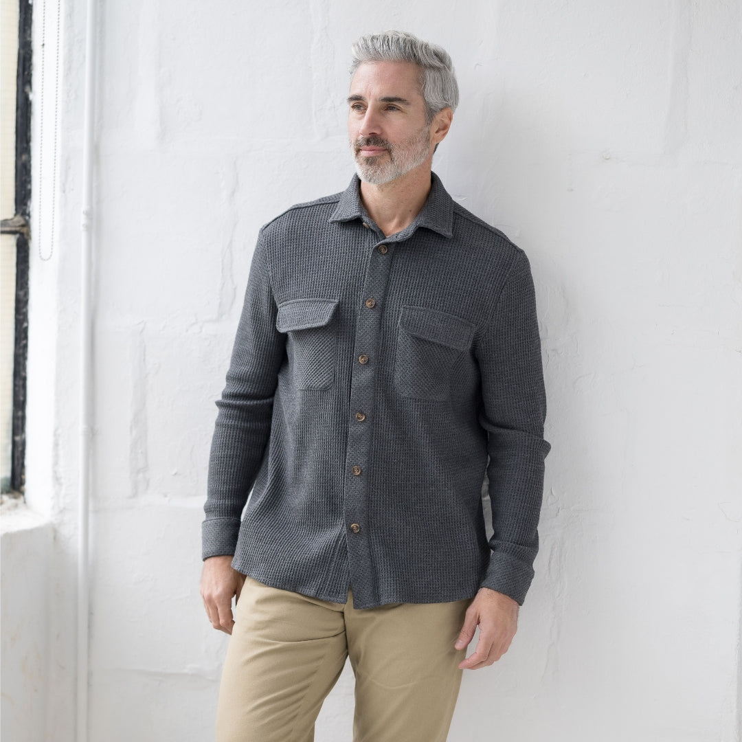 Magnetic Front WaffleWeave Casual Shirt with Dual Oversized Pockets in Charcoal