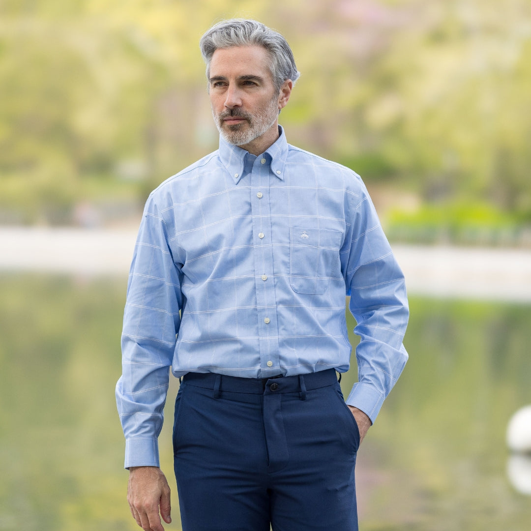 Brooks Brothers  X MagnaReady Stretch Long Sleeve Blue Plaid Button-Down Collar with Magnetic Closures