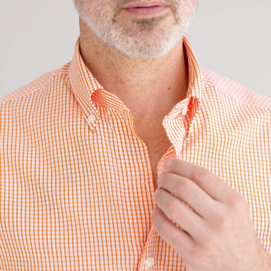 Short Sleeve Orange and White Gingham Cotton ‘Heights’ Shirt with Magnetic Closures