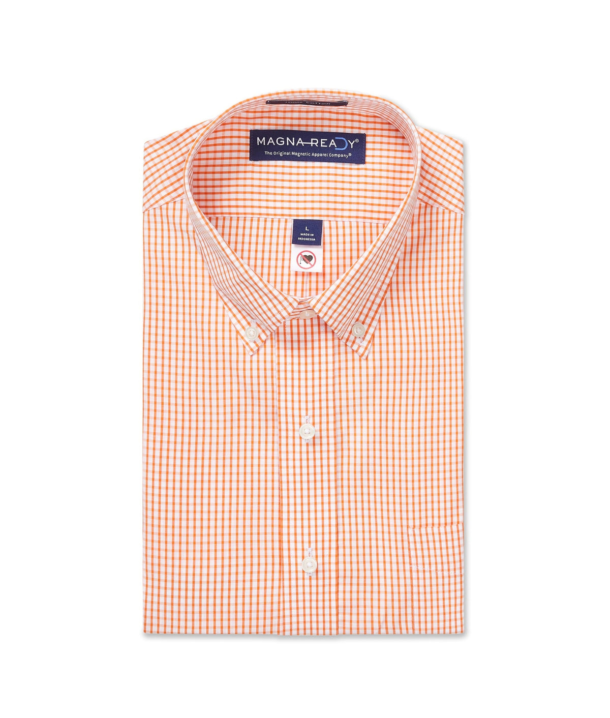 Long Sleeve Orange and White Classic Button Down Collar Plaid Shirt with Magnetic Closures