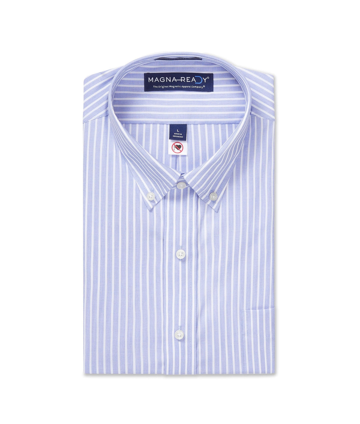 Long Sleeve Blue Button Down Collar Stripe Classic Plaid Shirt with Magnetic Closures